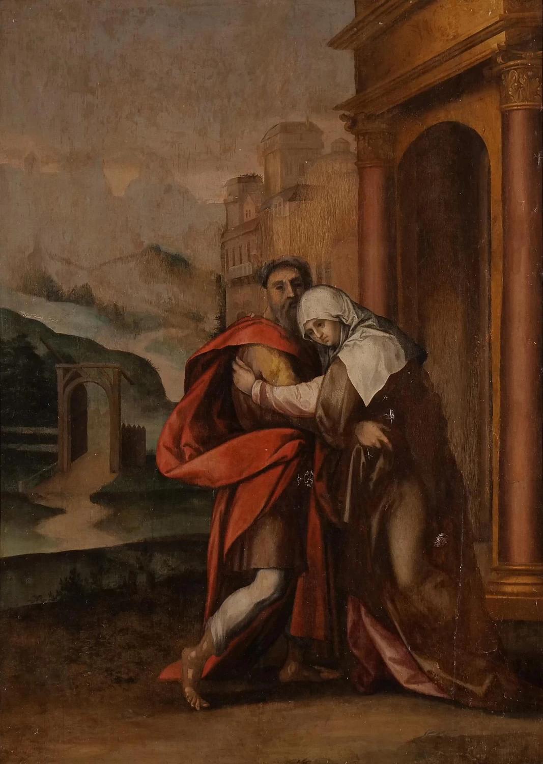 Giovan Battista Crespi, detto Cerano - Maria e Giuseppe raffigurati in un abbraccio all'interno di un paesaggio, attribuito